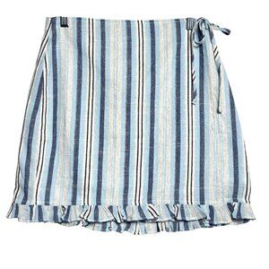 Fashion On Earth Skirt Womens M Blue Beige Striped Cotton Ruffle Wrap